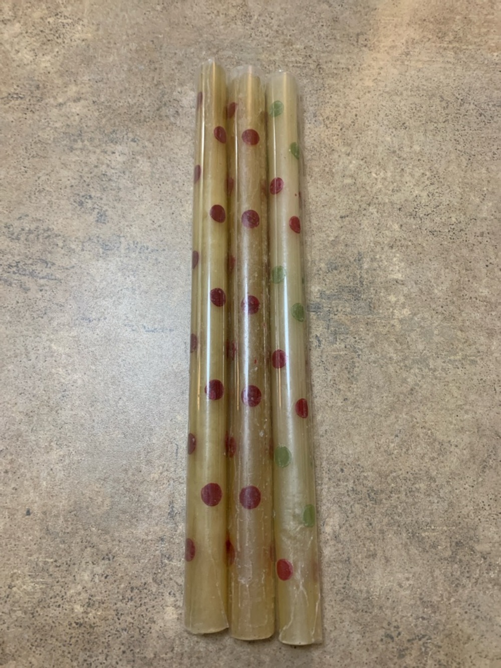 Set of 3 Polka Dot Taper Candles - Honey Yellow with Red & Green Dots